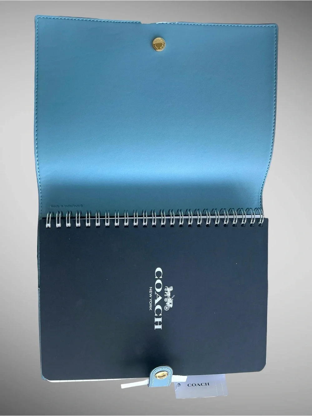 Coach Gingham Print Notebook Journal Blue White Plaid Snap Closure NWT